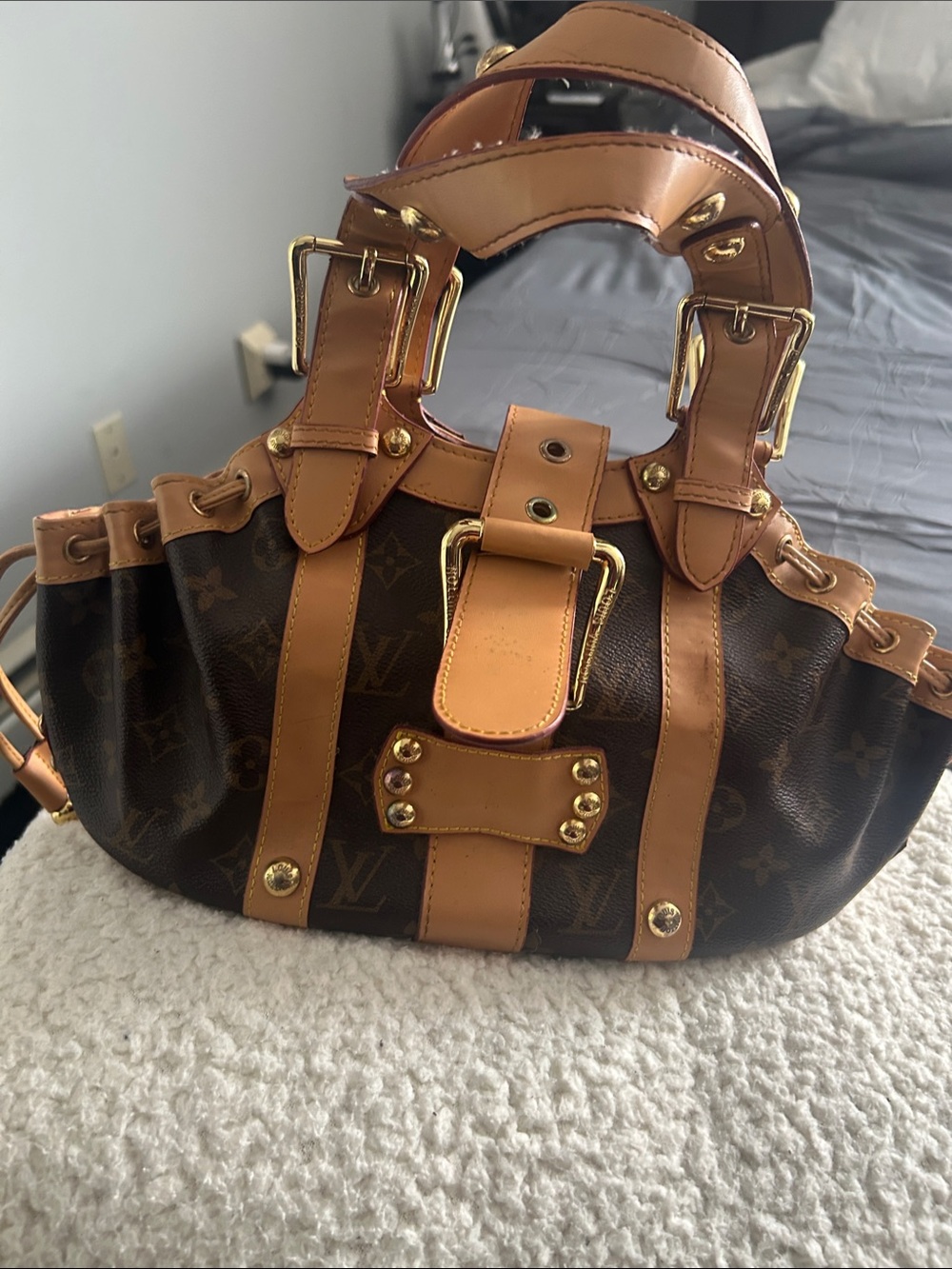 Monogram Mini Satchel in Brown with Tan Leather & Gold Hardware